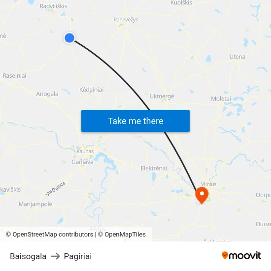 Baisogala to Pagiriai map