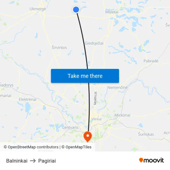 Balninkai to Pagiriai map