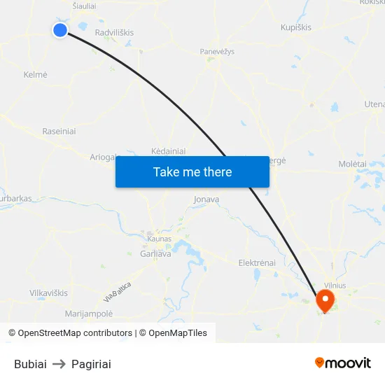 Bubiai to Pagiriai map