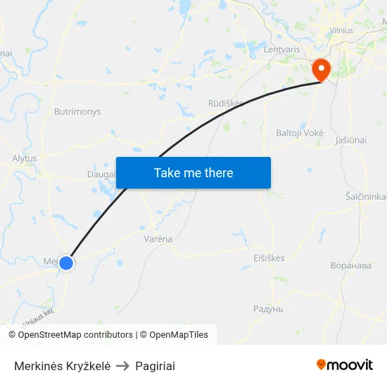 Merkinės Kryžkelė to Pagiriai map
