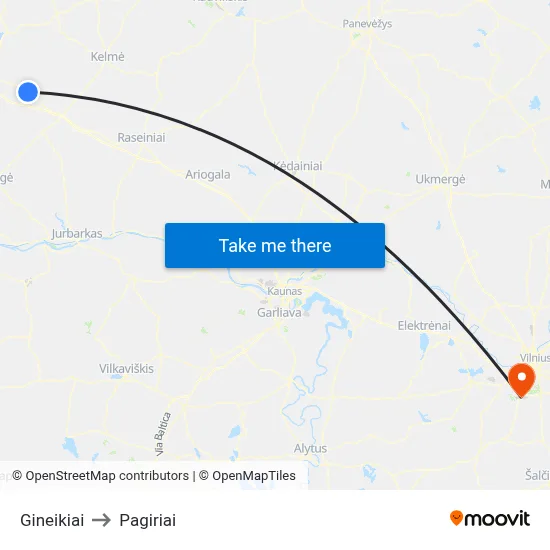 Gineikiai to Pagiriai map