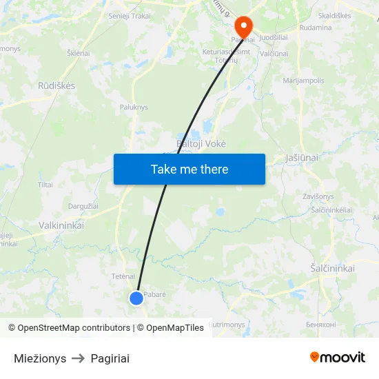 Miežionys to Pagiriai map