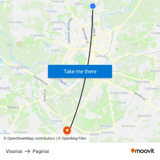 Visoriai to Pagiriai map