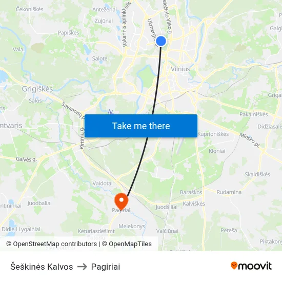 Šeškinės Kalvos to Pagiriai map