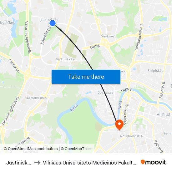 Justiniškės to Vilniaus Universiteto Medicinos Fakultetas map