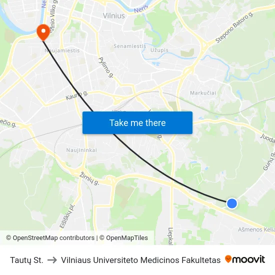 Tautų St. to Vilniaus Universiteto Medicinos Fakultetas map