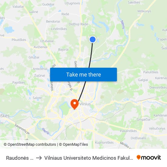 Raudonės St. to Vilniaus Universiteto Medicinos Fakultetas map