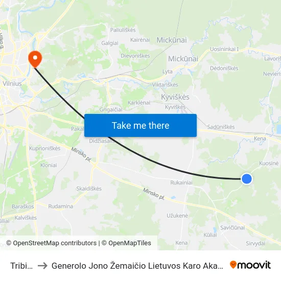 Tribilai to Generolo Jono Žemaičio Lietuvos Karo Akademija map