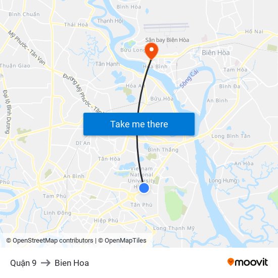Quận 9 to Bien Hoa map
