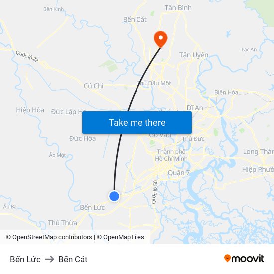 Bến Lức to Bến Cát map
