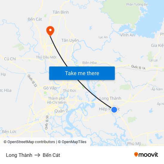 Long Thành to Bến Cát map