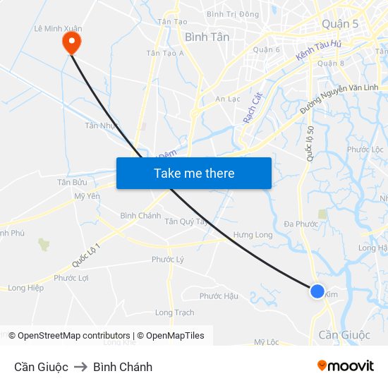 Cần Giuộc to Bình Chánh map