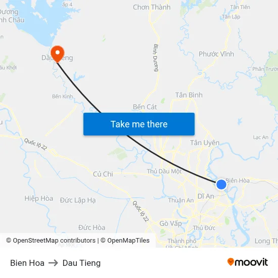 Bien Hoa to Dau Tieng map