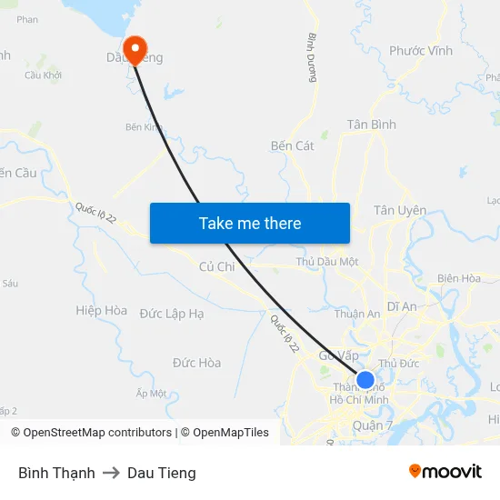 Bình Thạnh to Dau Tieng map
