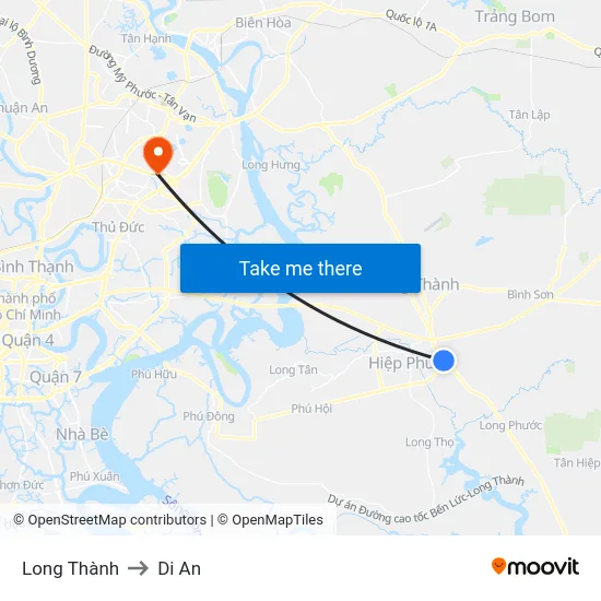 Long Thành to Di An map