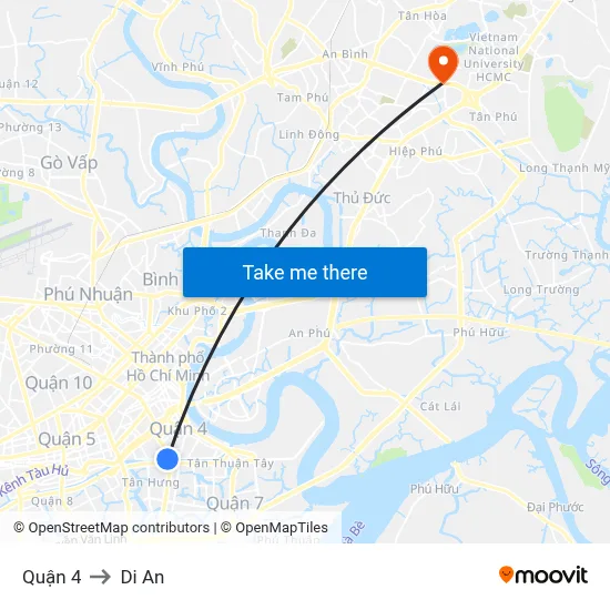 Quận 4 to Di An map