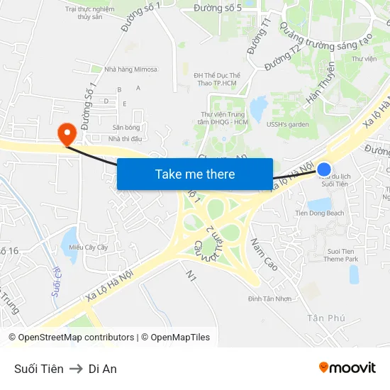 Suối Tiên to Di An map