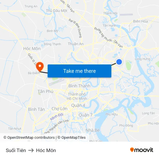 Suối Tiên to Hóc Môn map
