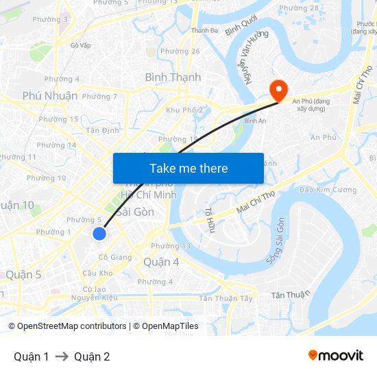 Quận 1 to Quận 2 map