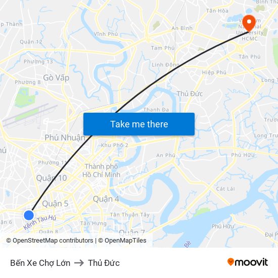 Bến Xe Chợ Lớn to Thủ Đức map