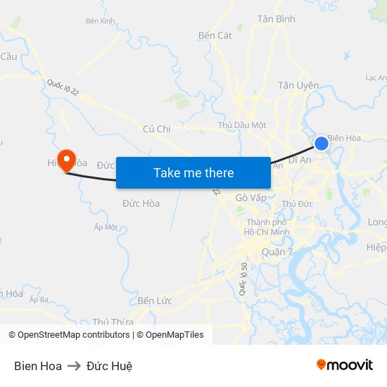 Bien Hoa to Đức Huệ map