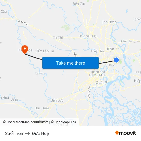 Suối Tiên to Đức Huệ map