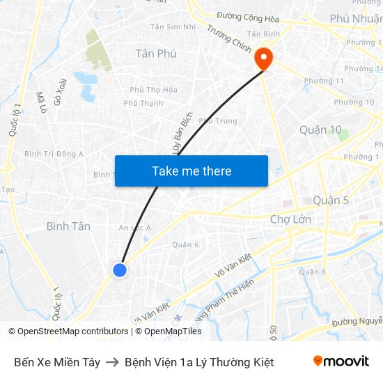 Bến Xe Miền Tây to Bệnh Viện 1a Lý Thường Kiệt map