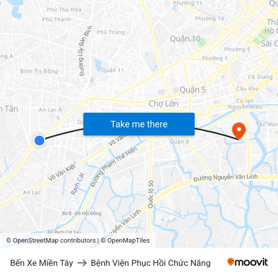 Bến Xe Miền Tây to Bệnh Viện Phục Hồi Chức Năng map