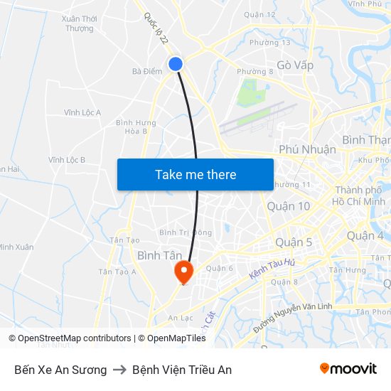 Bến Xe An Sương to Bệnh Viện Triều An map