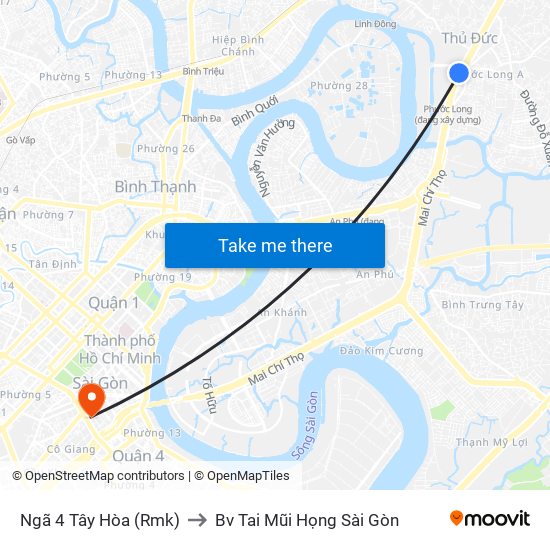 Ngã 4 Tây Hòa (Rmk) to Bv Tai Mũi Họng Sài Gòn map