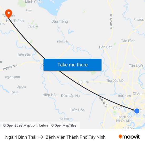 Ngã 4 Bình Thái to Bệnh Viện Thành Phố Tây Ninh map