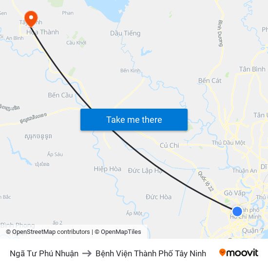 Ngã Tư Phú Nhuận to Bệnh Viện Thành Phố Tây Ninh map