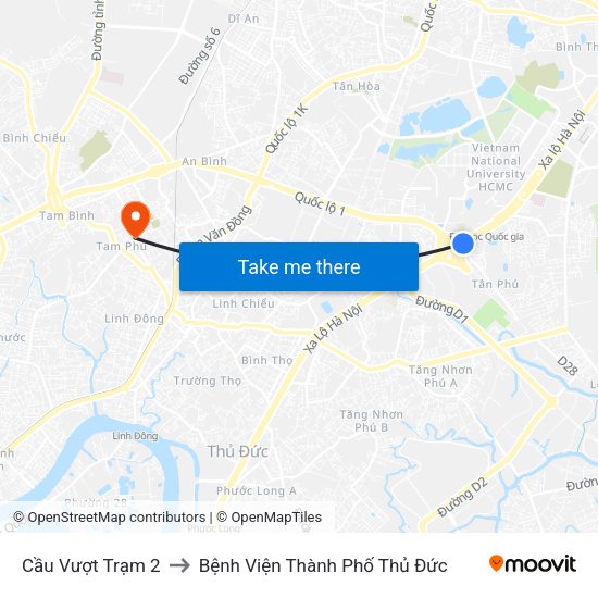 Cầu Vượt Trạm 2 to Bệnh Viện Thành Phố Thủ Đức map