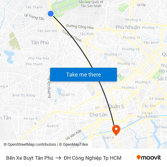 Bến Xe Buýt Tân Phú to ĐH Công Nghiệp Tp HCM map