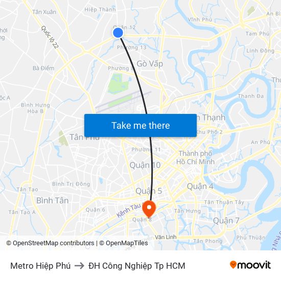 Metro Hiệp Phú to ĐH Công Nghiệp Tp HCM map