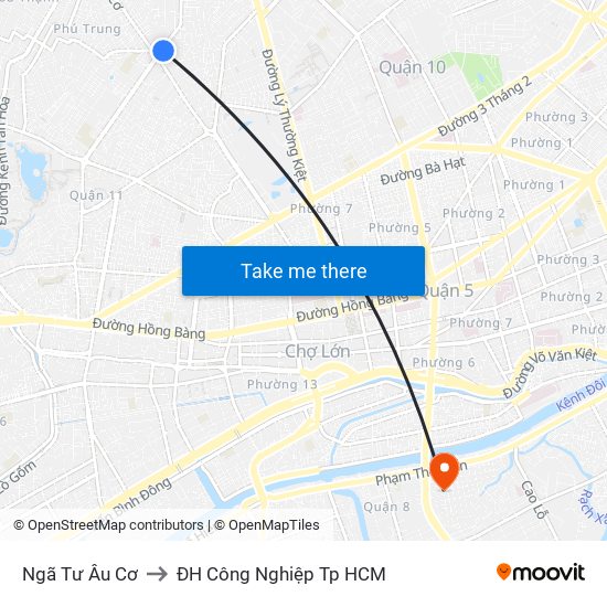 Ngã Tư Âu Cơ to ĐH Công Nghiệp Tp HCM map