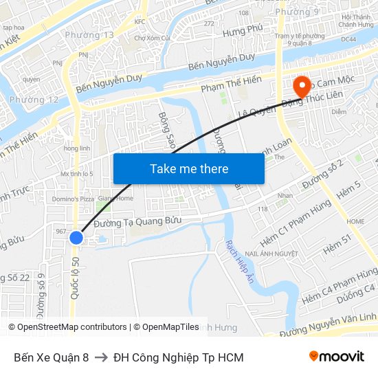 Bến Xe Quận 8 to ĐH Công Nghiệp Tp HCM map