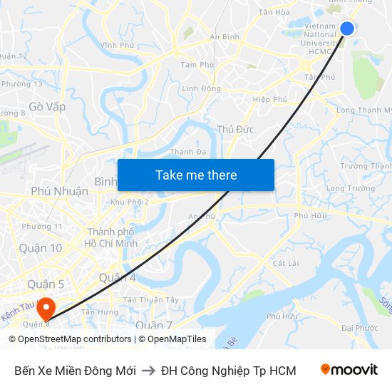 Bến Xe Miền Đông Mới to ĐH Công Nghiệp Tp HCM map