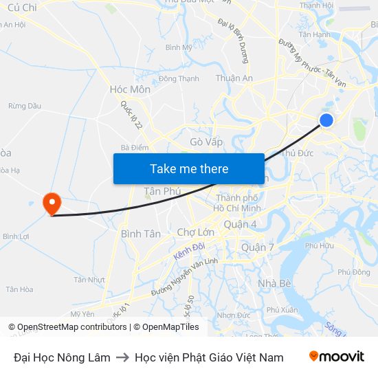 Đại Học Nông Lâm to Học viện Phật Giáo Việt Nam map