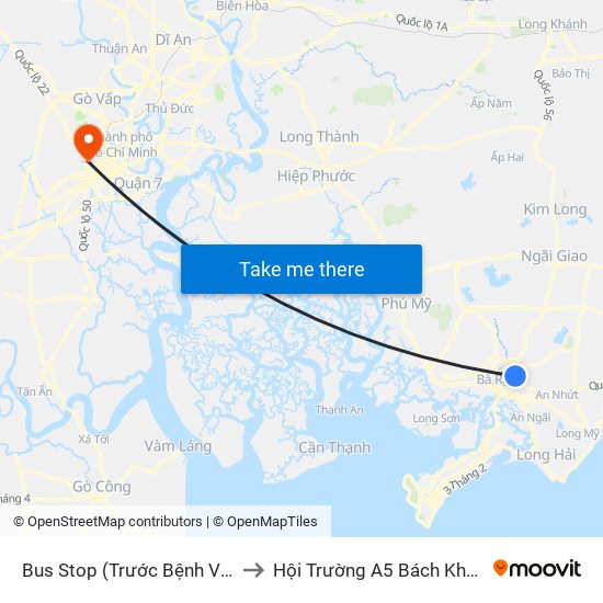 Bus Stop (Trước Bệnh Viện Bà Rịa) to Hội Trường A5 Bách Khoa Tp.HCM map