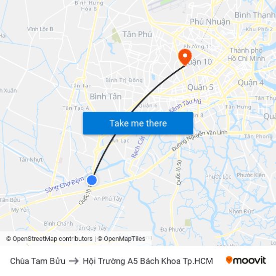 Chùa Tam Bửu to Hội Trường A5 Bách Khoa Tp.HCM map