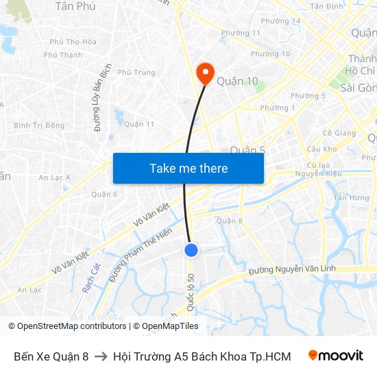 Bến Xe Quận 8 to Hội Trường A5 Bách Khoa Tp.HCM map