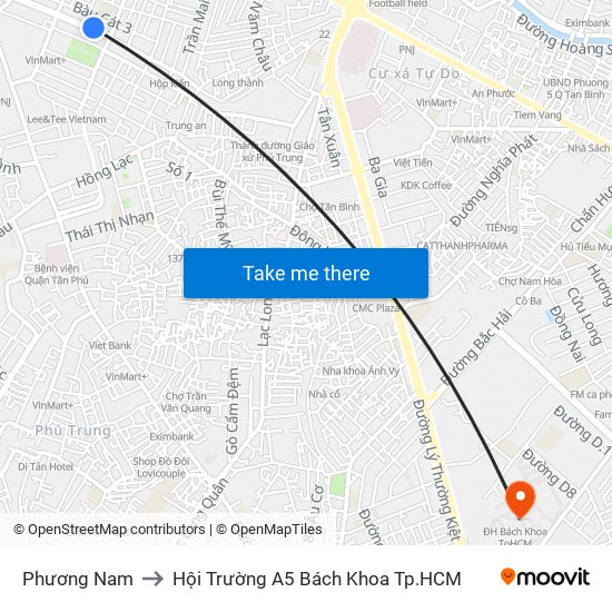 Phương Nam to Hội Trường A5 Bách Khoa Tp.HCM map