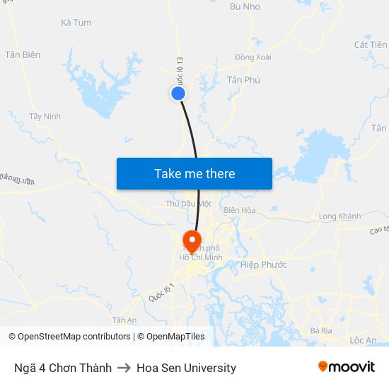 Ngã 4 Chơn Thành to Hoa Sen University map