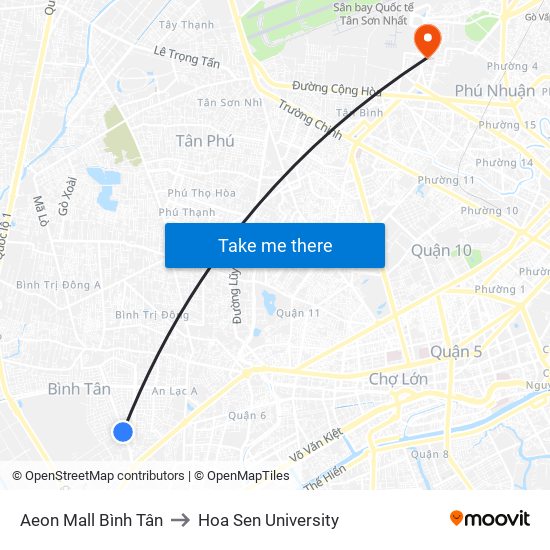 Aeon Mall Bình Tân to Hoa Sen University map