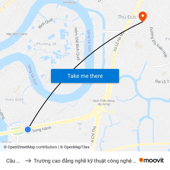 Cầu Đen to Trường cao đẳng nghề kỹ thuật công nghệ TP HCM map