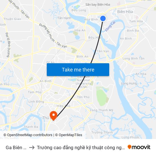 Ga Biên Hòa to Trường cao đẳng nghề kỹ thuật công nghệ TP HCM map