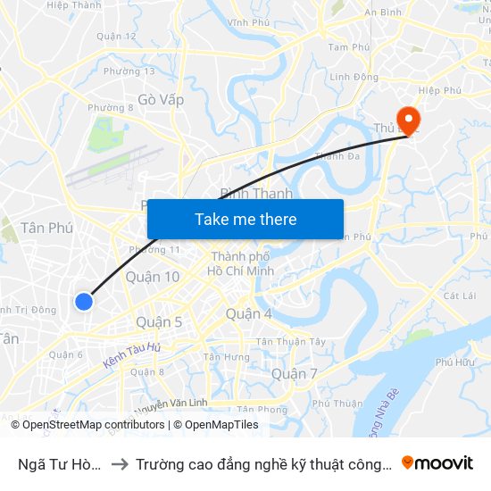 Ngã Tư Hòa Bình to Trường cao đẳng nghề kỹ thuật công nghệ TP HCM map