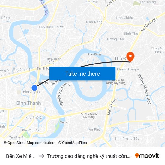 Bến Xe Miền Đông to Trường cao đẳng nghề kỹ thuật công nghệ TP HCM map