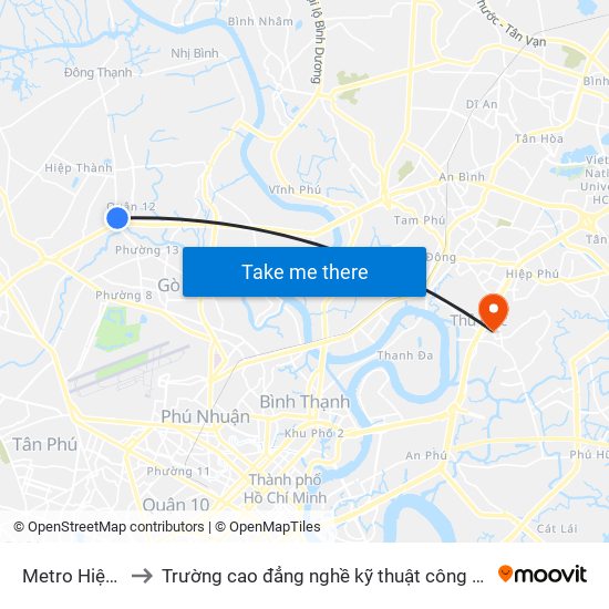Metro Hiệp Phú to Trường cao đẳng nghề kỹ thuật công nghệ TP HCM map